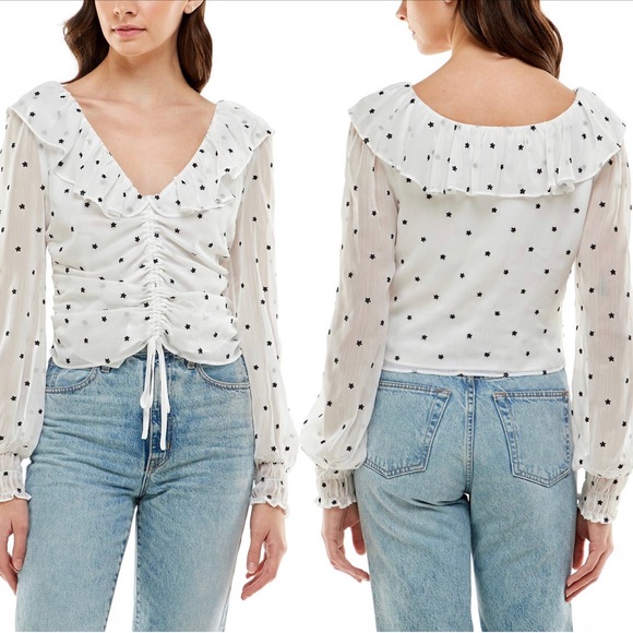 Wayf Tops - NWT WAYF Liz Ruched Ruffle Neck White Blouse Small S